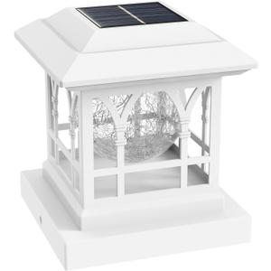 Fence Post Solar Lights, Crackle Glass Solar Post Cap Lights, 20 Lumens, Warm White & RGB Automatic Cycling 2 Modes for 3.6x3.6 4x4 4.5x4.5 5x5 Vinyl Wooden Posts Decoration, White (1 Pack)