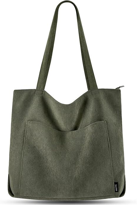 Prite Corduroy Tote Bag for Women Large Shoulder Bag with Zipper and Pockets for College School Work Travel Shopping (Dark Green)