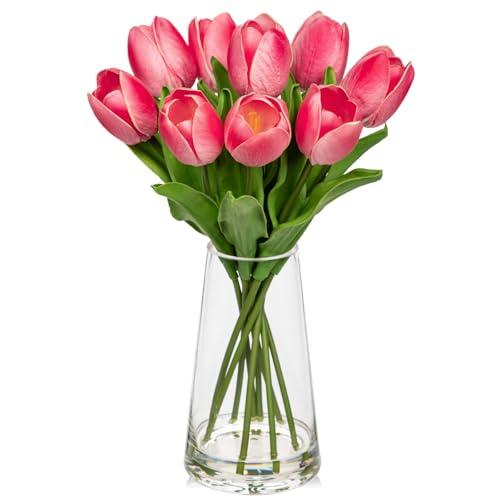 Arborus Fake Tulips Artificial Tulip Flowers in Glass Vase with Faux Water, 14.2" Real Touch Pink Tulip Flowers Spring Décor for Table Centerpiece Home Farmhouse Resto Wedding Decoration