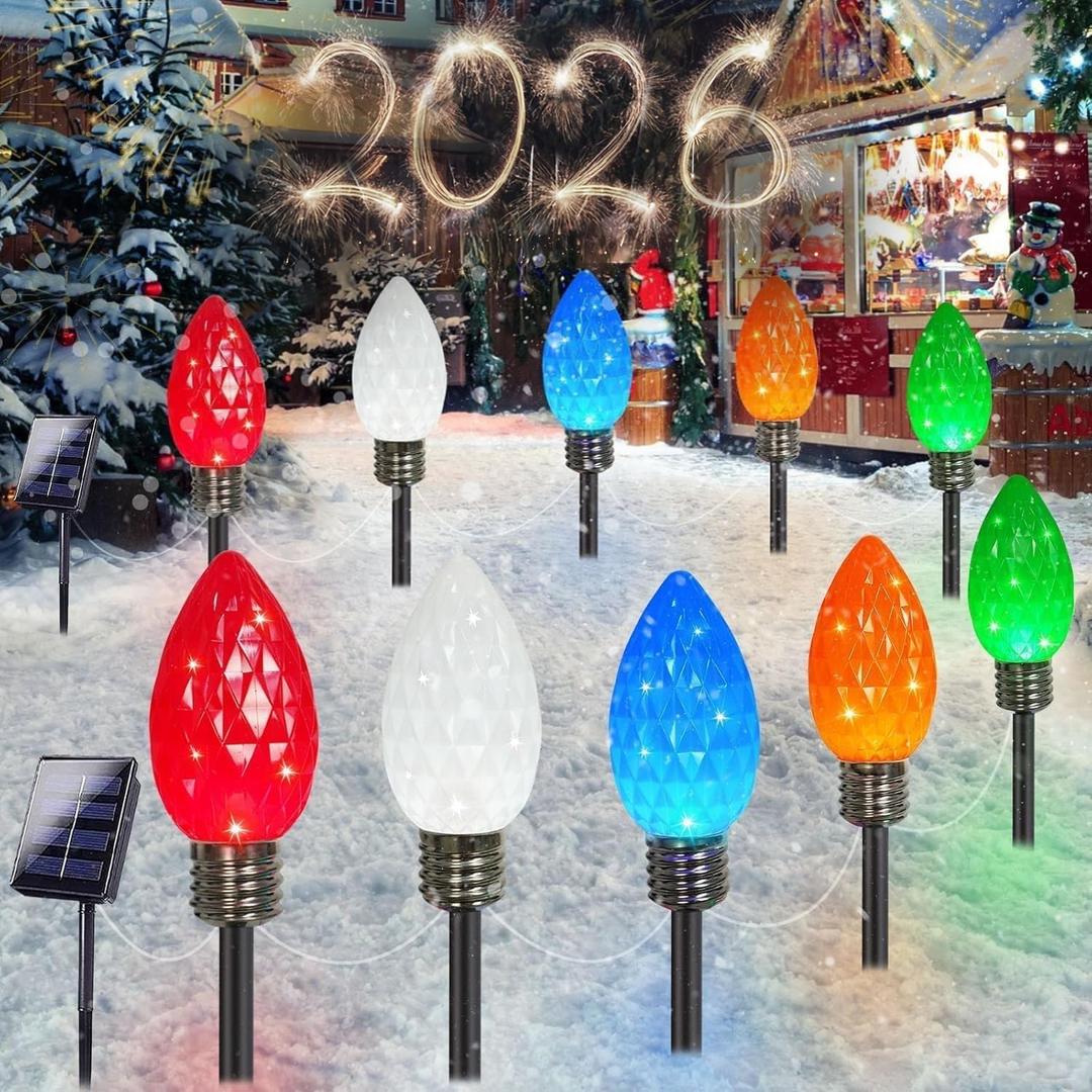 IDEAALS 10 Pack Jumbo Multicolor Solar C9 Christmas Lights OutdoorLED Solar Pathway Lights Waterproof, Strawberry Light Christmas Decorations Outdoor for Walkway Party Patio Garden Lawn Yard Decor