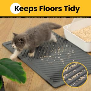 Silicone Cat Litter Mat 24"x15", Rubber Urine & Waterproof Trapping Waste Matt For Kitty Litter Box, Easy Clean, Non-Slip Cat Mat for Scatter Control, Grey