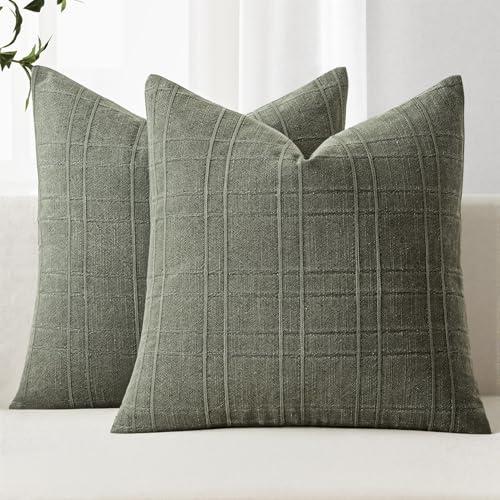 MIULEE Decorative Linen Check Throw Pillow Covers Neutral Farmhouse Vintage Spring Pillow Covers 20x20 Set of 2 Boho Modern Home Decor for Sofa Couch Bedroom Cushion Olive Green