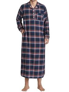 Pintage Men's Flannel Nightshirt Long Cotton Nightgown with Pockets 3XL Navy Red Plaid