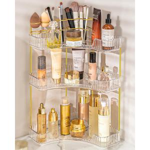 NATURE'S SOURCE Makeup Organizer for Vanity, 3-Tier Corner Bathroom Organizer Countertop with Makeup Brush Holder, Corner Counter Storage for Bathroom, Dresser, KitchenClear