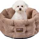 ClevaHome Deep Nest Cat Bed for Small Pets up to 15lbs - Round Cat Beds for Indoor Cats, Luxurious Velvet Feel, Extra High Sides, Machine Washable Comfort Pet Bed with Non-Slip Bottom (Warm Beige)