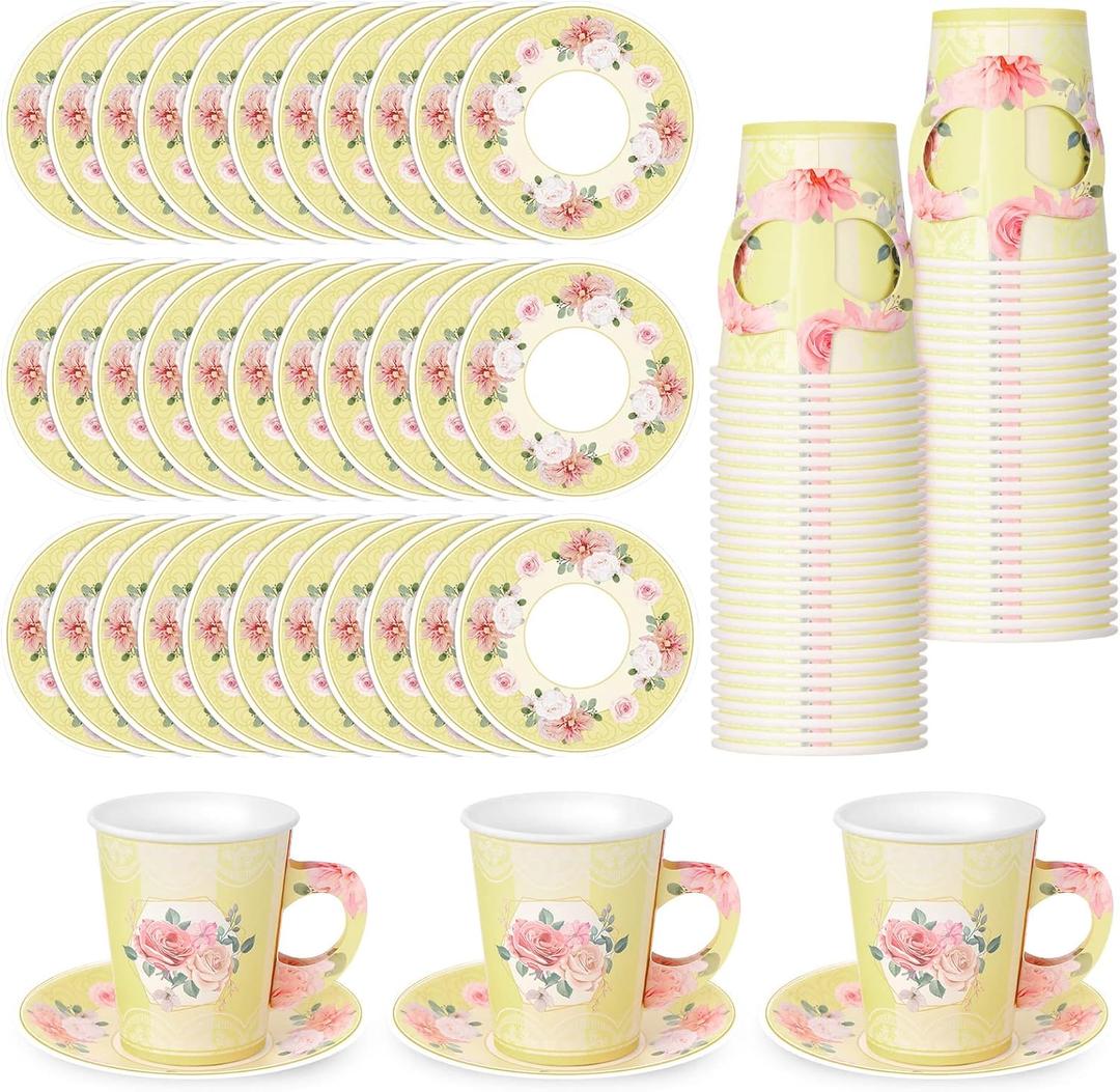Zopeal 100 Pcs Disposable Tea Party Decorations 9 oz Floral Paper Cup with Handle and Saucer Set for Mother Day Wedding Birthday Spring Princess Blossom Party Baby Shower Supplies(Light Yellow)
