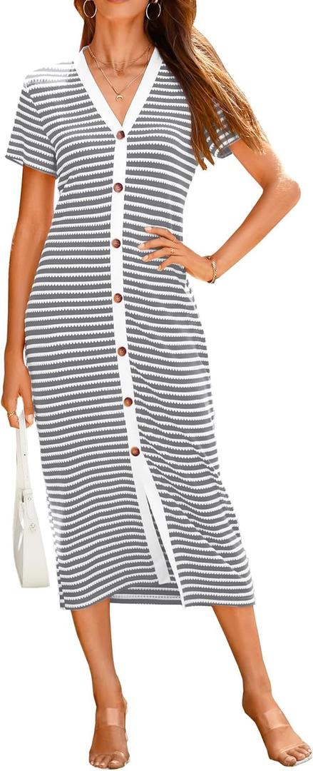 BTFBM Women Casual Summer Dresses Short Sleeve Striped Midi Dresses Decorative Button Ribbed Knit Dresses Party Dresses (Small, Grey)