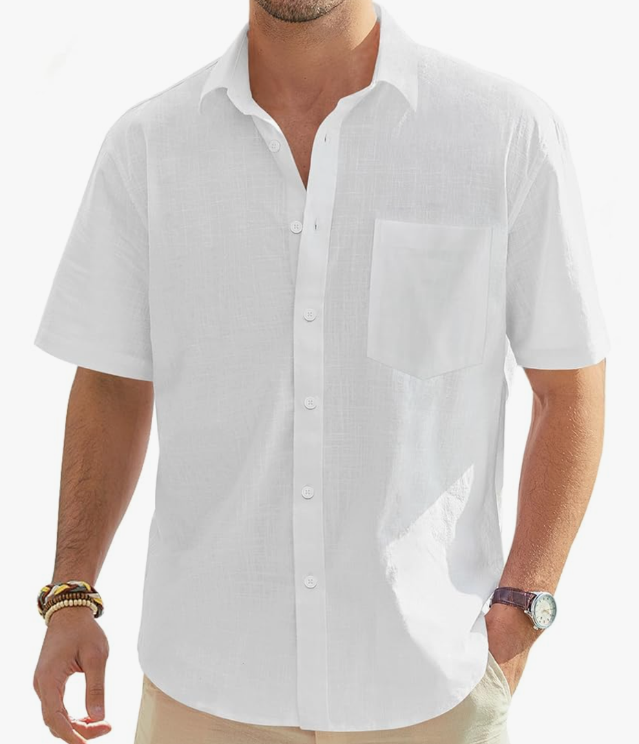 J.VER Men's Cotton Linen Short Sleeve Shirts Casual Lightweight Button Down Shirts Vacation Beach Summer Tops with Pocket, Size XL