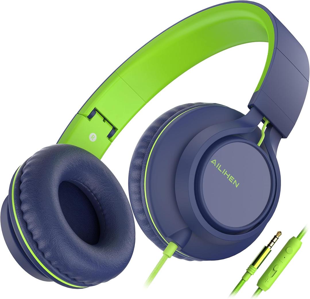 AILIHEN C8 Headphones Wired, On-Ear Headphones with Microphone and Volume Control, Corded 3.5mm Headset for Boys Girl School Smartphones Chromebook Laptop Computer Tablets Airplane Travel (Blue Green) (Medium)