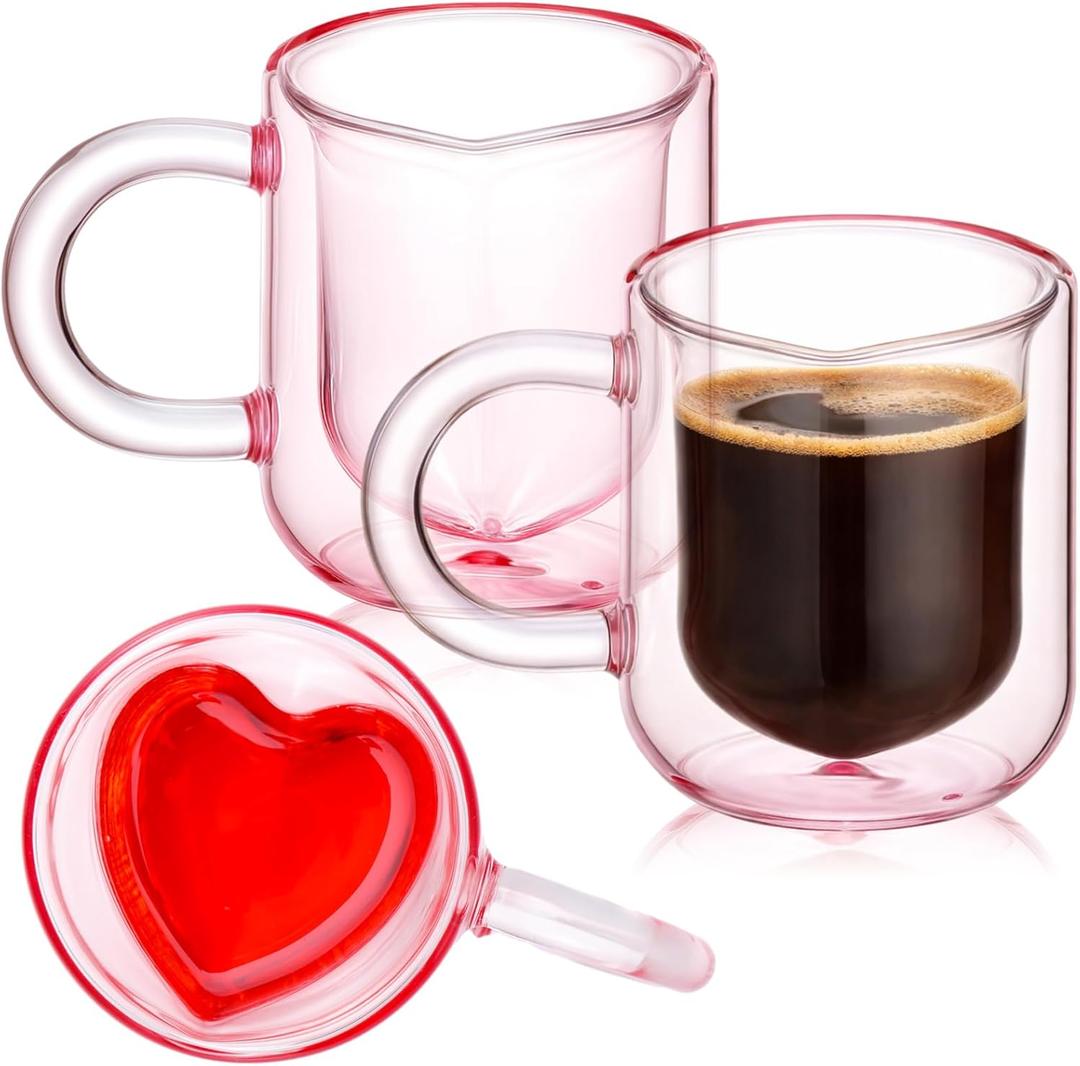 LemonRoad 2 Pcs Valentine Heart Glass Pink Double Walled Mugs Insulated Galentine Coffee Mugs with Handle Glass Cups for Coffee Milk Valentine's Day Gift Mother's Day Gifts 8.5 Oz/ 250 ml