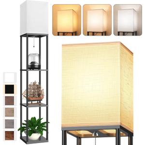 Floor Lamp with Shelves for Living Room, Shelf Floor Lamp with 3 CCT LED Bulb, Corner Display Standing Column Lamp Etagere Organizer Tower Nightstand with White Linen Shade for Bedroom, Office (Black)