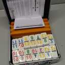 Queensell Mexican Train Dominoes Set with Numbers and 4 Holders - Wooden Hub and Domino Holders - Double 12 with Numbers (D12 Numbers + 4 Holders)