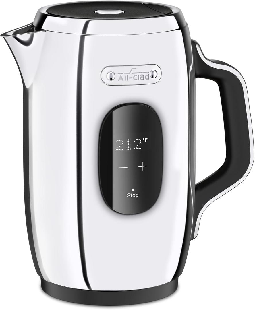 All-Clad Stainless Steel Kettle 1.5 Liter Keep Warm Function 1500 Watts Adjustable Temperature, Safe to Touch, Fast Boiling, Silver