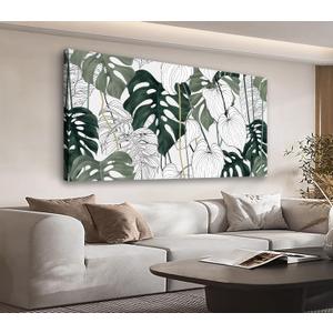 Large Tropical Botanical Wall Art for Living Room Decor Framed Art Green Monstera Leaf Canvas Pictures Boho Artwork Minimalist Plant Canvas Prints for Bedroom Kitchen Home Office Wall Decor 24" x 48"