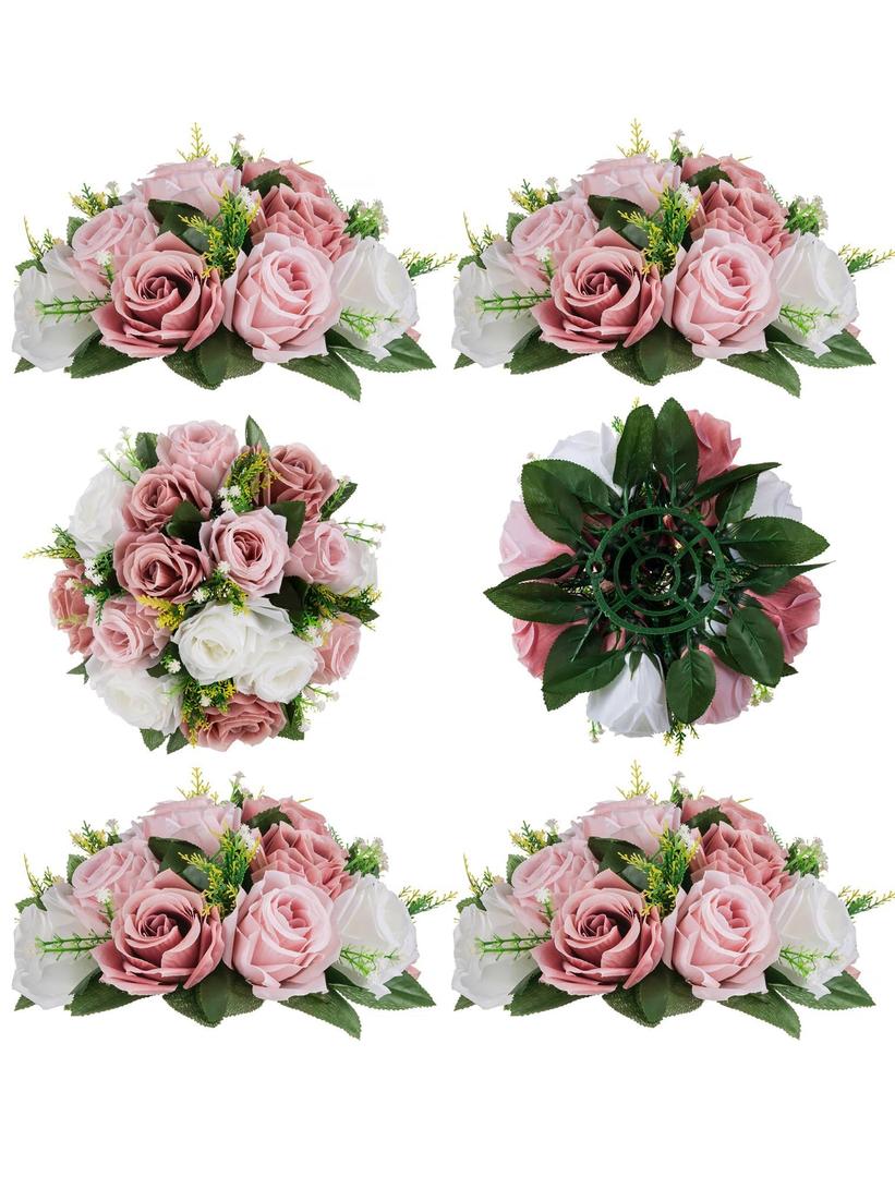 BLOSMON Dusty Rose Flowers Centerpieces: 6 Pcs Pink Roses Artificial Flowers Balls for Wedding Dinning Table - Fake Silk Kissing Floral Arrangement for Home Party Event Decor | Pre-Arranged, Fake Silk Flowers Balls Centerpieces, Faux Kissing Floral Arrangements, for Celebrations, Home Decoration