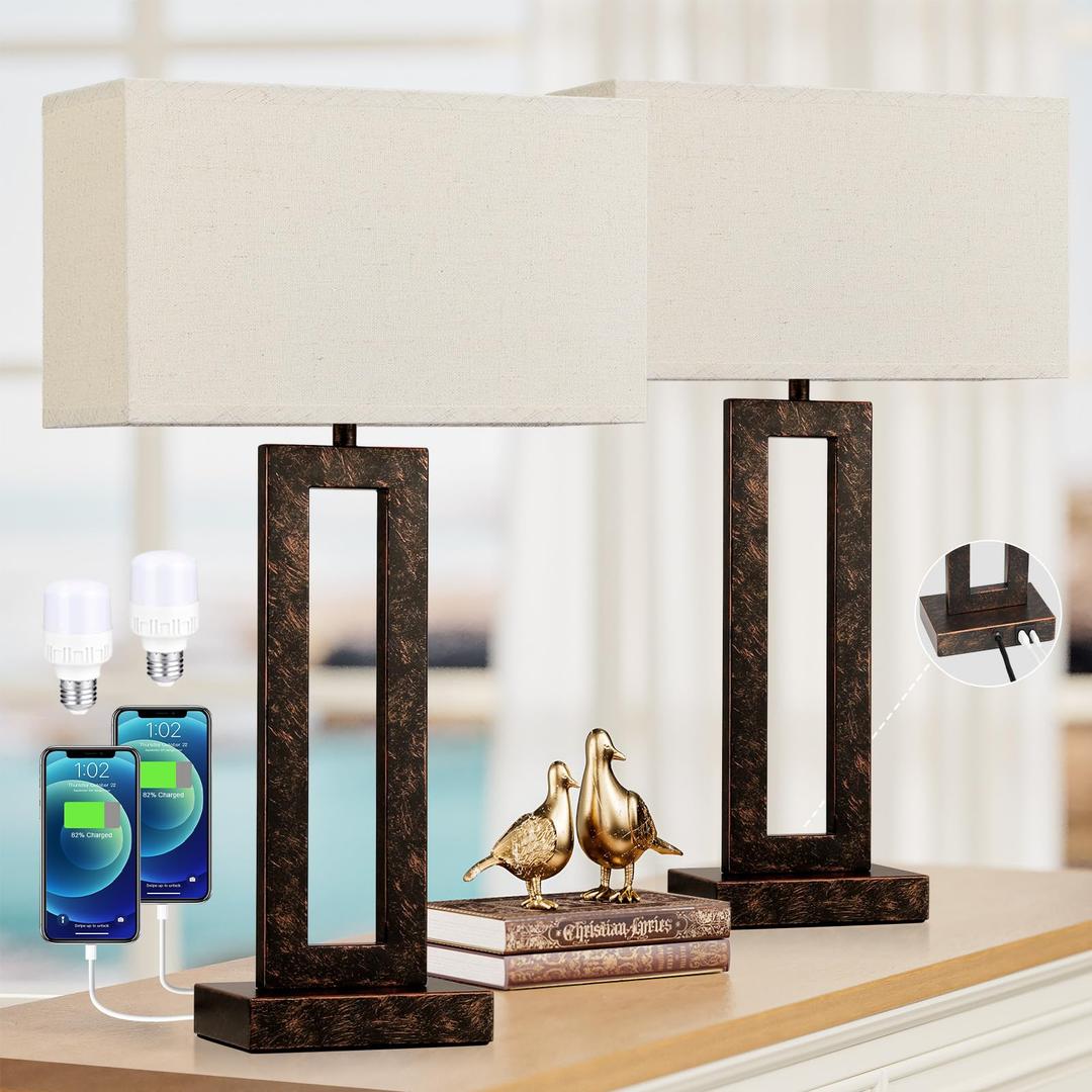 Seealle 22" Tall Living Room Lamps for Night Stands - Touch Bedside Lamp with USB C+A, 3 Way Dimmable Bedroom Lamps for End Tables Set of 2, Modern Night Stand Lamp(Beige&Wood-Like)
