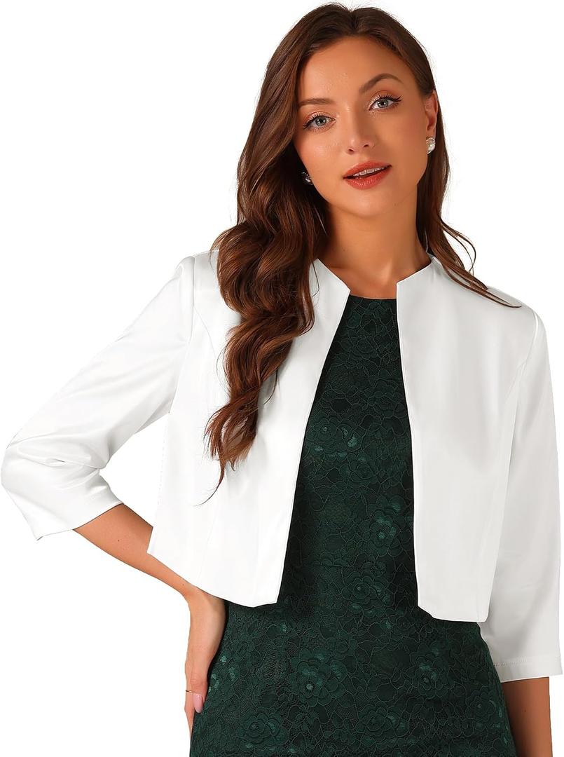 Allegra K Satin Cardigan for Women's Open Front Elegant Formal 3/4 Sleeve Bolero Shrug Jacket (White, XS)