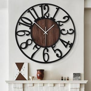 LEIKE Large Wall Clocks for Living Room,Silent,Non Ticking,Battery Operated Oversized Vintage Round Modern Wood Wall Clock for Bedroom,Farmhouse,Office Home Decor-24 Inch(Black-Arabic Number)