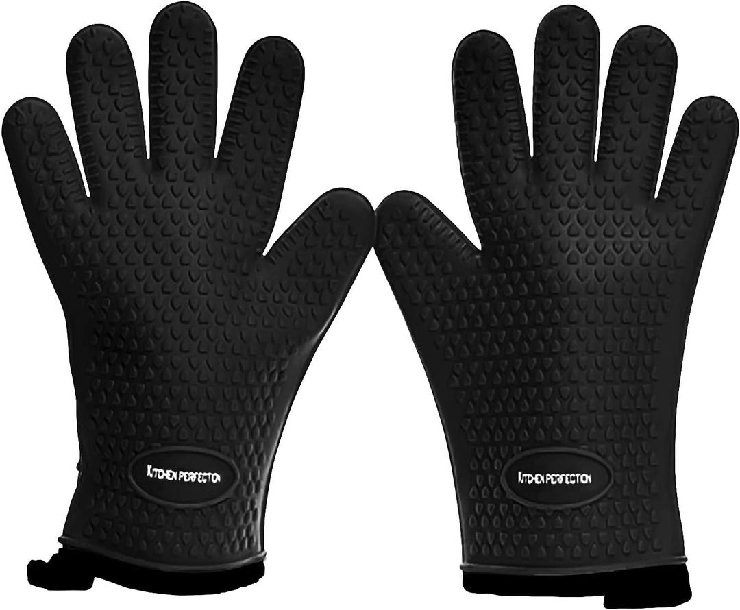 KITCHEN PERFECTION Silicone Smoker Oven Gloves -Extreme Heat Resistant BBQ Gloves -Handle Hot Food Right on Your Smoker Grill Fryer Pit|Waterproof Oven Mitts Grill Gloves |Superior Value Set+3 Bonuses (One Size Fits Most, Black)