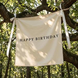 Oudain 59x59 Inch Happy Birthday Burlap Banner, Fabric Party Decorations Backdrop, Boho Rustic Photo Props Sign with Hanging String for Birthday Party Indoor Outdoor Yard Wall Decor