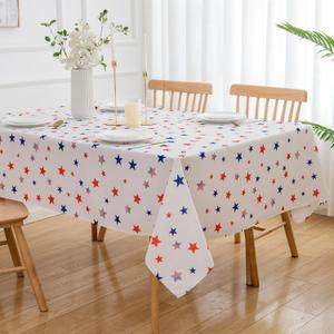 4th of July Red Blue Stars White Rectangle Tablecloth - 60" X 120" Oblong Polyester Patriotic Table Cover Reusable Water Resistant Independence Day Table Decoration