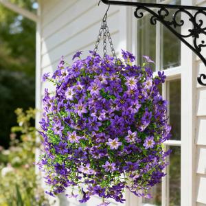 Artificial Hanging Baskets Outdoor, 4 Bundles Artificial Hanging Flowers Outdoors Spring Summer Decoration, No Fade Realistic Fake Hanging Baskets for Porch Patio Balcony Home Yard Decor (Purple Gradient Purple)