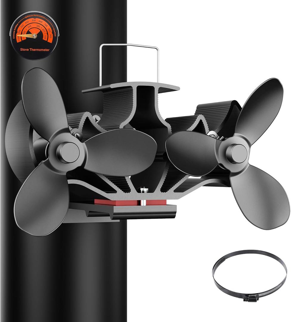Wood Stove Fan Heat Powered, Strong Magnetic Fireplace Fan,Ultra Quiet & High Speed & Non Electric Auto Thermal Fireplace Fans Heat Powered with Thermometer, Wire Rope, Dual Blade