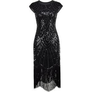 Vijiv 1920's Long Prom Dresses Beaded Sequin Art Nouveau Deco Flapper Dress Pure Black L Vijiv 1920's Long Prom Dresses Beaded Sequin Art Nouveau Deco Flapper Dress Pure Black L