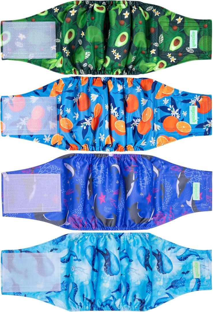 wegreeco Belly Bands for Male Dogs, (4 Pack) of Washable Male Dog Diapers, Super Absorbent Dog Belly Band (Fruit, Adventure, Medium) (Medium (15" to 17"))