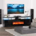 GarveeHome 70 Inch Fireplace TV Stand with 36 Inch Electric Fireplace, 12 Colors LED Lights, 750W/1500W for Max 80 Inch TV, 2 Tier Storage 2 Door Cabinet Tv Stand with Fireplace