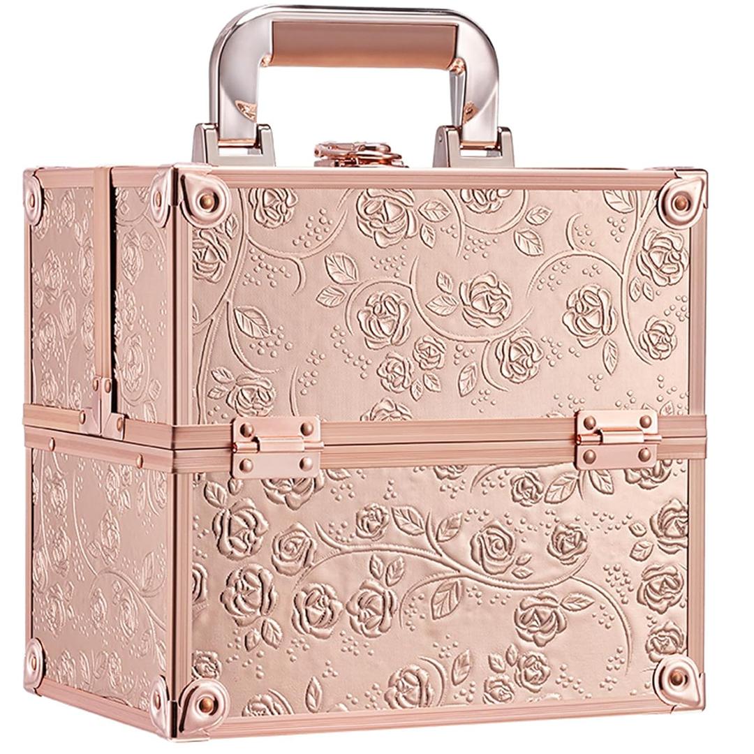 FRENESSA Makeup Train Case Cosmetic Box Portable Makeup Case Organizer 4 Trays Lock Travel Storage Organizer with Dividers Make Up Artist Vanity Hard Nail Spa Beauty Box Rose Gold Floral