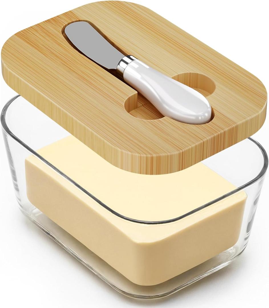 XCC Large Glass Butter Dish with Lid, Upgraded the Capacity to Holds 1lb of Butter, Butter Keeper with Knife for countertop and High-quality Silicone Seal, (Acacia Wood Lid new) (transparent)