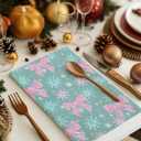 Pink and Teal Christmas Kitchen Towels, Preppy Christmas Decor, Coquette Pastel Bow Snowflake Xmas Holiday Decorative Hand Towels for Bathroom Kitchen, 16x24 Inch (Color 05)