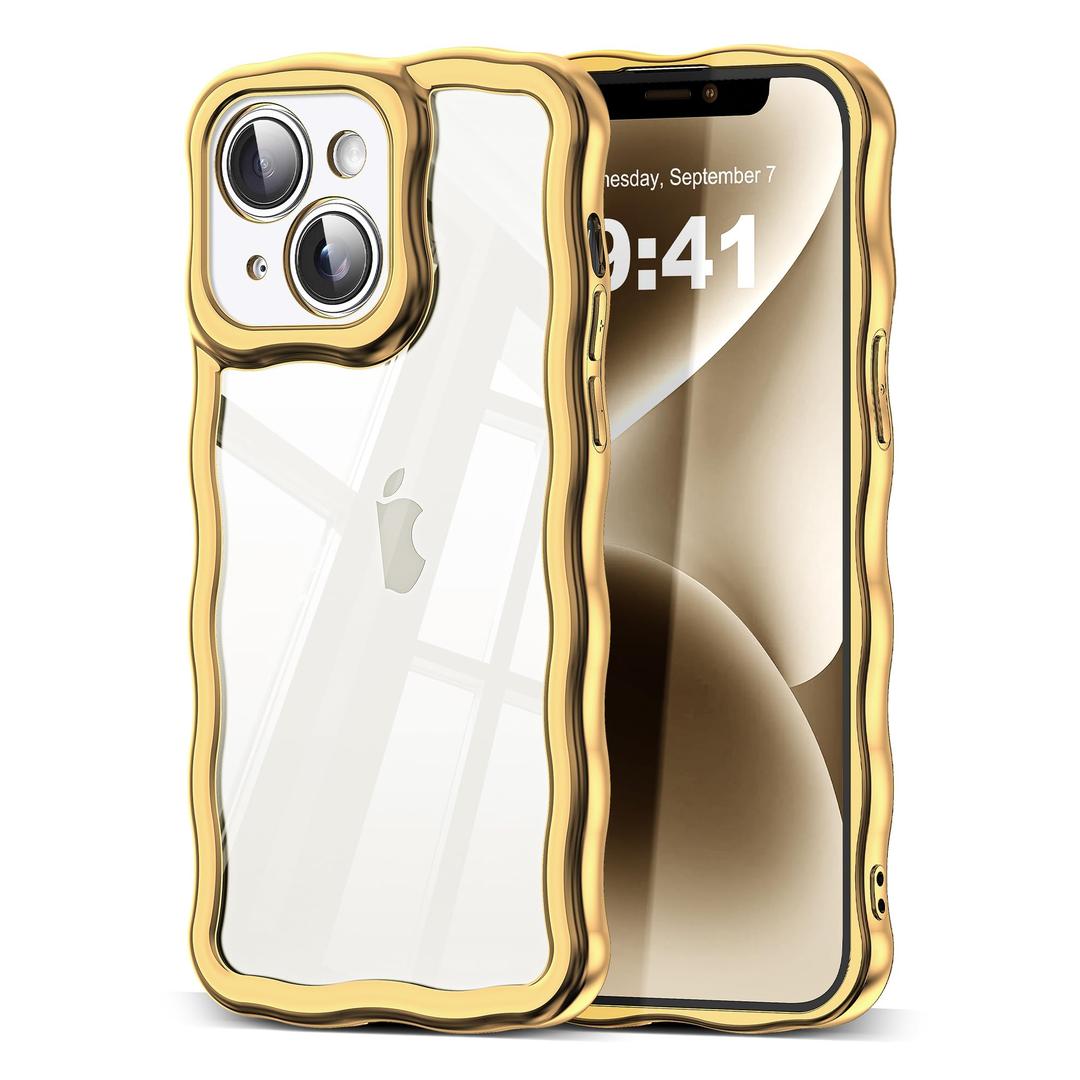 SKYLMW Compatible with iPhone 15 Case, Kawaii Cute Curly Wave Frame Luxury Plating Edge, Stylish Glossy Clear Back, Soft TPU Shockproof Protective Cases for iPhone 15, Gold