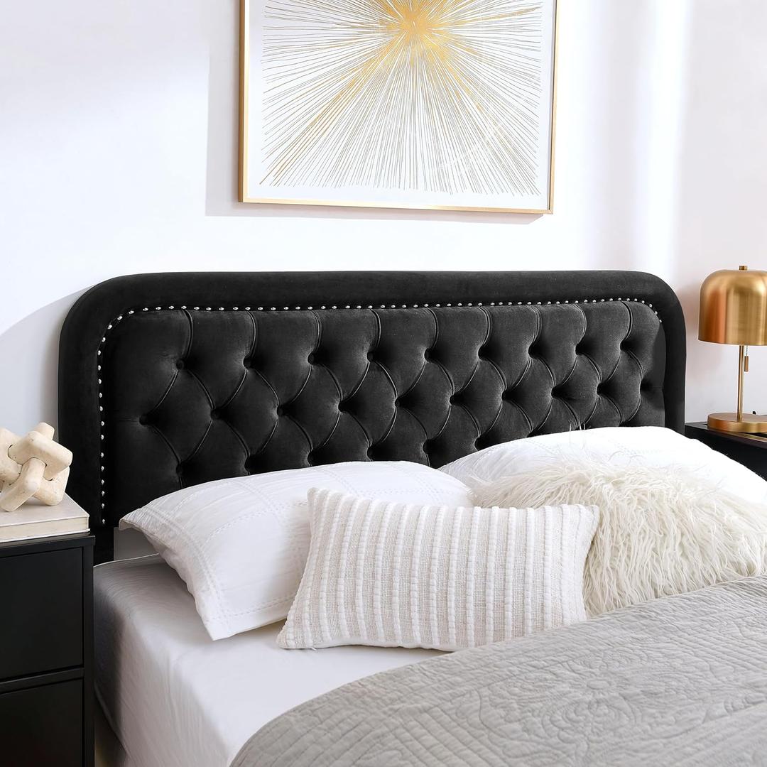 Beyetsea Tufted Upholstered Queen Size Headboard only - Button Solid Wood HeadBoards with Adjustable Height - Modern Velvet Padded Bed Headboard - Easy Assembly - Nailhead, Black