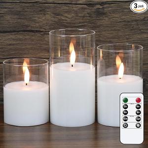 GenSwin Flameless Candles with Remote Timer, Clear LED Battery Operated Candles with Flickering Flame, Glass and Real Wax Pillar Candle Holiday Home Decor(Set of 3, D3”x4”5”6”)