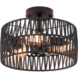 Hchunqjor 3-Light Coastal Black Woven Flush Mount Light Fixture Rustic Industrial Hemp Rope Flush Mount Ceiling Light for Hallway Bedroom Kitchen Entryway Farmhouse Living Room, Black