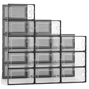 Kuject Large Shoe Organizers Storage Boxes for Closet, 12 Pack Clear Plastic Stackable Storage Bins with Lids, Under Bed Shoe Containers for Entryway, Drop Front, Fit up to Women's Size 10,Black