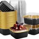50 Pcs Mini Square Baking Cups with Lids,5oz Aluminum Foil Mini Cake Pans with Lids,Disposable Ramekins Cake Pans,150ml Dessert Cups Cupcake Pans for Wedding Birthday Party,Black Gold