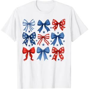 Funny 4th Of July Red White And Blue American Coquette Bows T-Shirt (Small, White)
