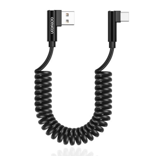 aceyoon USB to USB C Cable, 90 Degree Right Angled Coiled Fast Charging Cable QC 3.0 (1-2.5ft) 60W Short Android Auto USB C Charging Cable