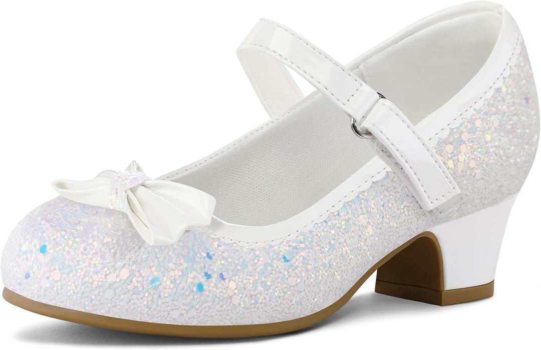 K KomForme Girl's Dress Shoes Mary Jane Glitter 1.5 in Low Heel Wedding Party Princess Shoes for Toddler/Little/Big Kids (White) 12 US