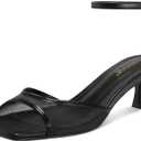 ISNOM Womens Mesh Kitten Heels Sandals Square Toe Ankle Buckle Strap Low Heels Comfort Summer Dress Shoes (Black)