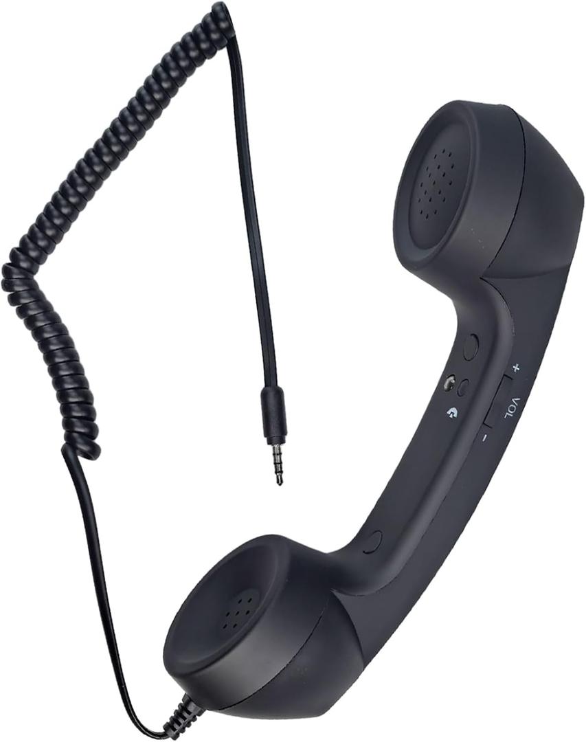 Retro Phone Handset, 3.5mm Jack Wire Cell Phone Receiver with Answer Button/Volume Keys, Handheld Old Telephone Headset for Mobile Phones/Cellphone/Smartphone (Black)