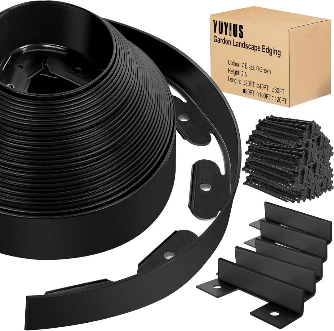 Landscape Edging - Garden Edging Border 80FT 2IN Tall with 120 Stakes, No Dig Lawn Edging for Landscaping for Garden Bed, Yard, 0.15" Thick Flower Bed Border Edging with Connector for Outdoor (BLACK)