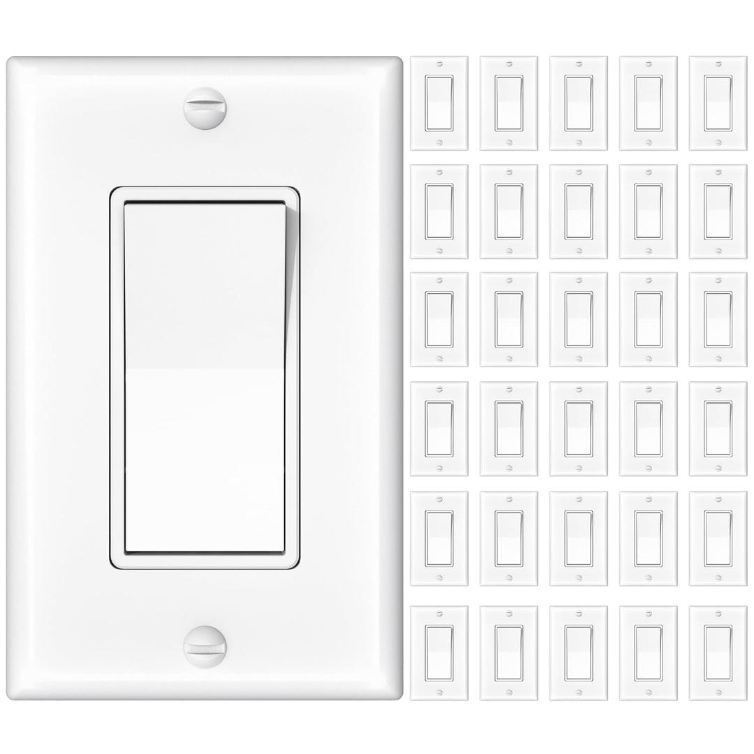 Amico 30 Pack Single Pole Light Switch with Wall Plate, UL Listed, 15A 120/277V, On/Off Rocker Paddle Interrupter Wall Switch, Grounding Screw, Residential Grade, Suitable for Home and Business, White