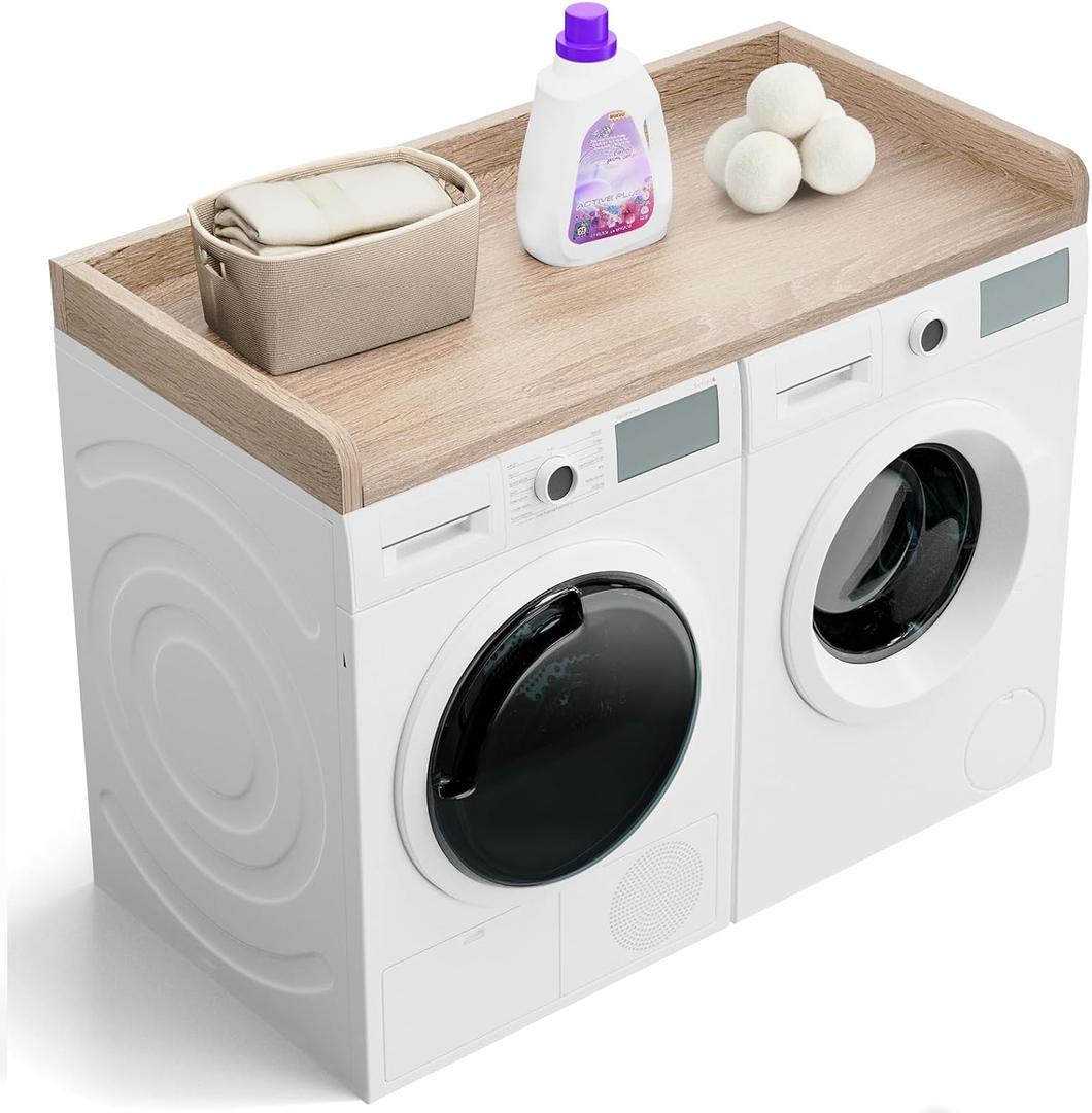 Washer Dryer Countertop, 27.5" Depth x 54" Width, Washer Dryer Wood Top for Laundry Room Organization, Melamine Countertop with Edge Rails (Oak)