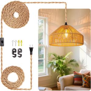 Hanging Lamps Rattan Pendant Light Hanging Lights 16.4ft Plug in Cord Pendant Light Fixture Plug Into Wall Outlet Pendant Lighting with On Off Switch for Bedroom Living (Mongolian Yurt)
