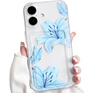 NITITOP Compatible with iPhone 16 Case with Card Holder Clear Cute Floral Lily Flowers Butterfly for Women Girls Soft TPU Shockproof Wallet Case Protective Phone Cover - Blue