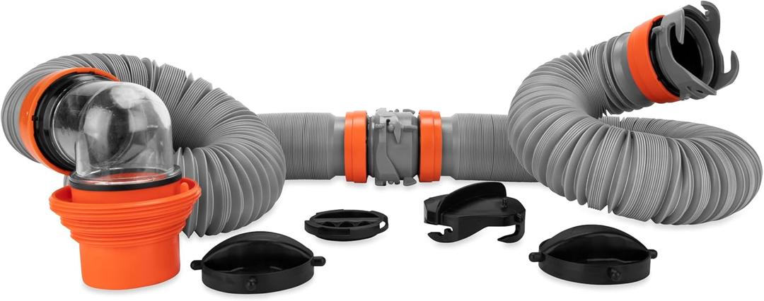Camco Rhino X 20-Ft Camper/RV Sewer Hose Kit - (2) 10-Ft Heavy Duty RV Septic Hoses - Designed to Hold Shape & Stay in-Place - Includes 4-in-1 RV Adapter & 360 Swivel RV Sewer Hose Fittings (39390)